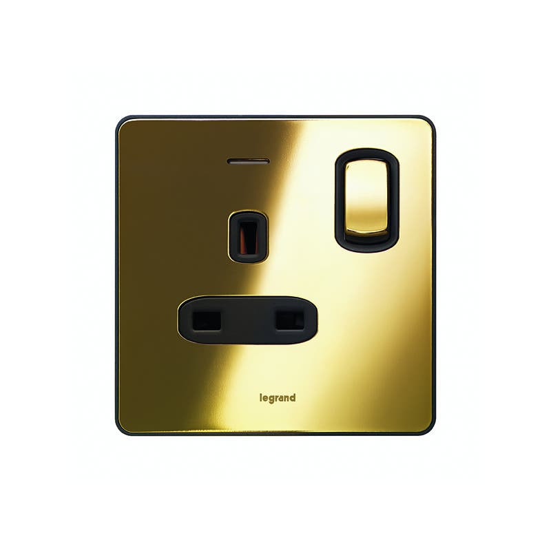 LEGRAND - Double Pole Socket Synergy Sleek, 1 Gang Switched, 13A, 250V, with Blue LED Power Indicator, Glossy Gold