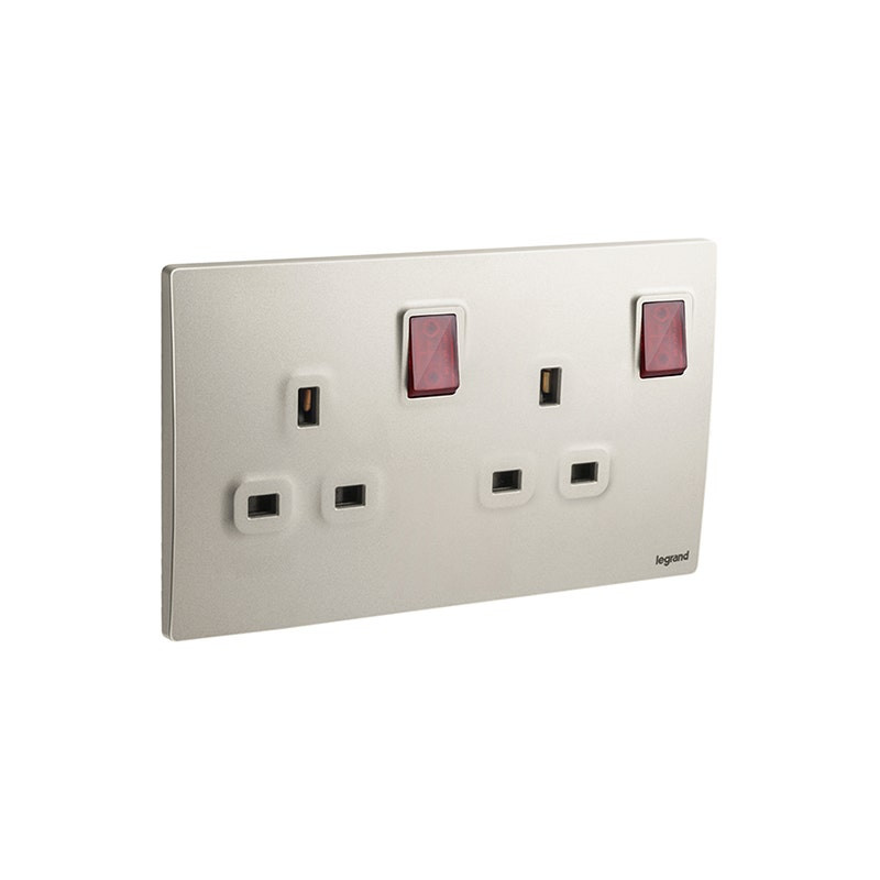 LEGRAND - Double Pole Switched Socket Outlet Mallia Senses, BS, 2 Gang, 13A, 250V, with Led, Champagne