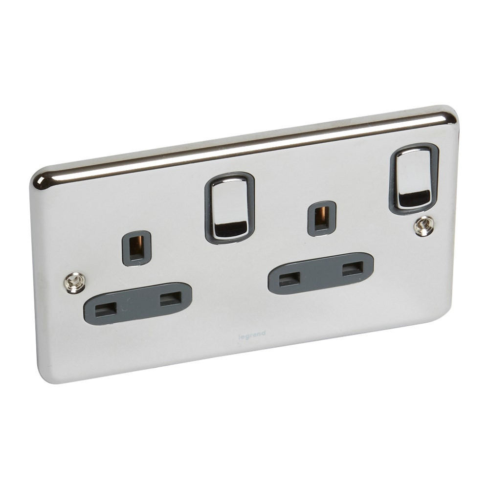 LEGRAND - Socket Outlet 13A 250V 2G DP, BS Polished Stainless Steel, Authentic