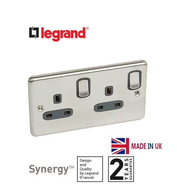 LEGRAND - Double Pole British Std Synergy -2 Gang switched -13A -250V~ -Auth. Brush. Stain. Steel