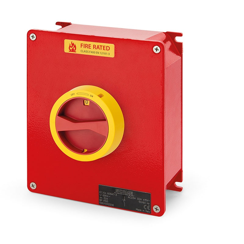 SCAME - Enclosed Switch Disconnector, 32A, 3P+N Emergency Fire Rated F400, IP65, 168x192x80mm, FR1 IK10, Die Cast Aluminium, Yellow/Red