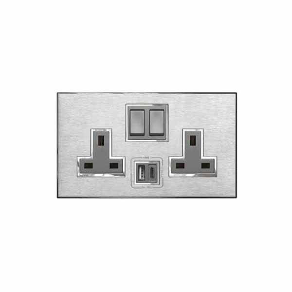 LEGRAND - Plate Arteor, for 13A Switched Sockets 2 Gang, BS, with USB Chargers, Brushed Stainless Steel