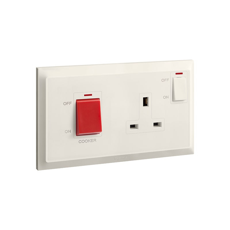 LEGRAND - Double Pole Switch Belanko S, 2 Gang, 45A + BS Switched Socket Outlet Neon + Cooker Marking, 13A, 250V, Ivory