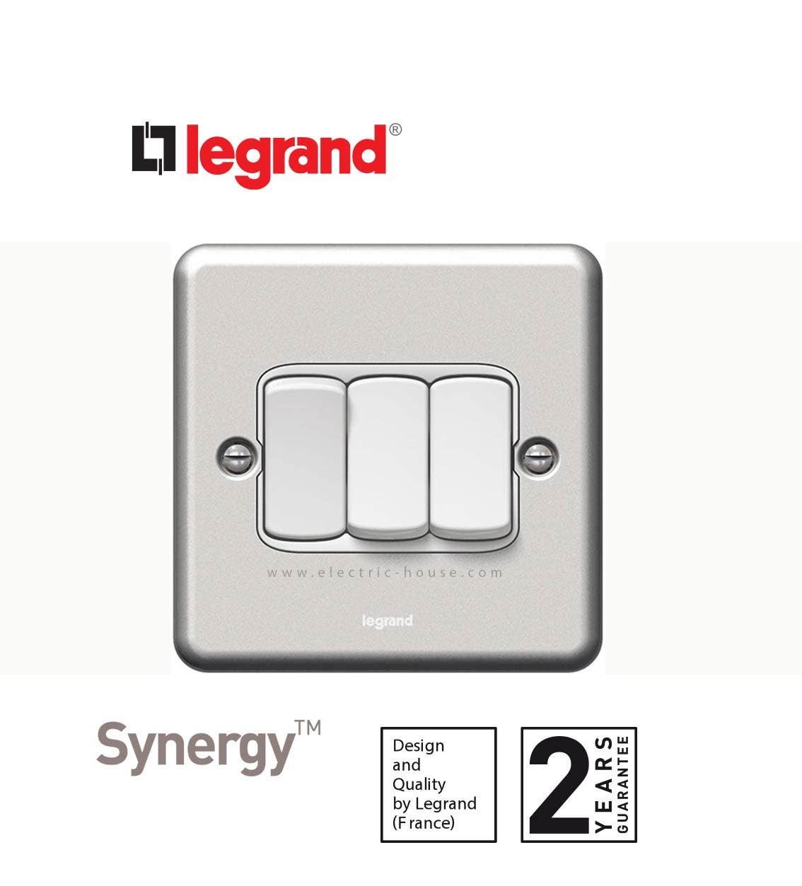 LEGRAND - Plate Switch Synergy -3 Gang -2 Way -10 AX -250 V~, Authentic Brushed Stainless Steel