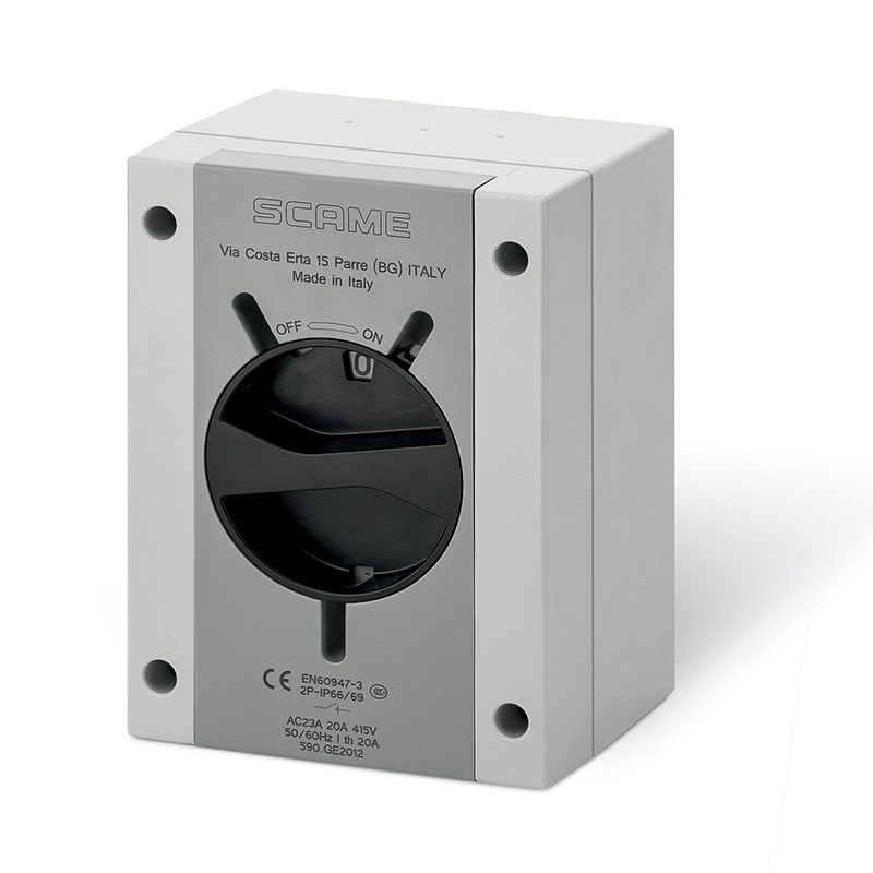 SCAME - Enclosed Switch Disconnector, 32A, 2P, IP66/IP69, 110x150x87mm, Y1 IK09, General, Thermoplastic, GW 650°C, Grey/Black