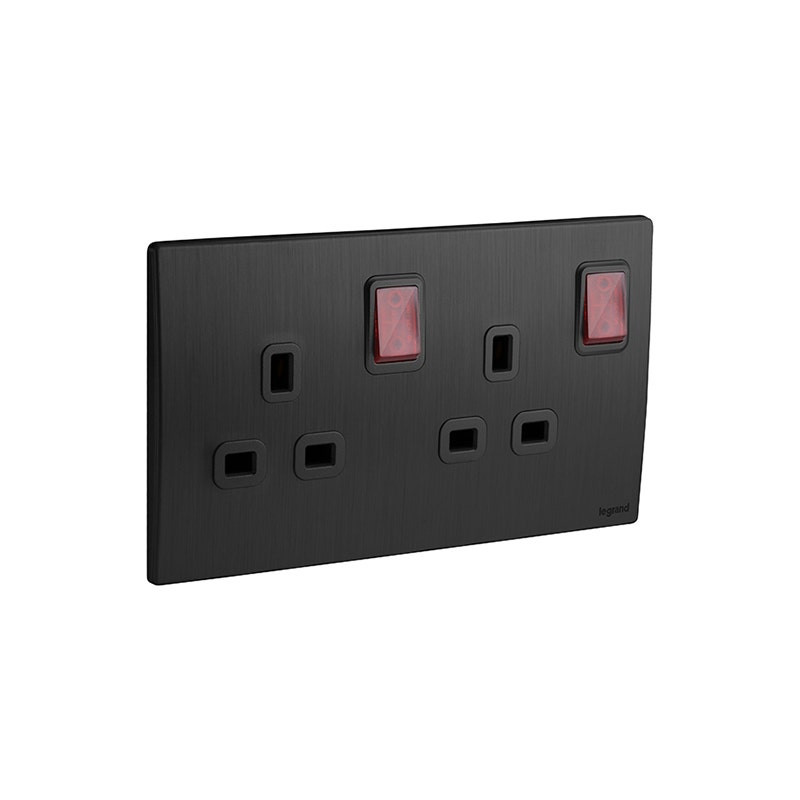 LEGRAND - Double Pole Switched Socket Outlet Mallia Senses, BS, 2 Gang, 13A, 250V, with Led, Brushed Black