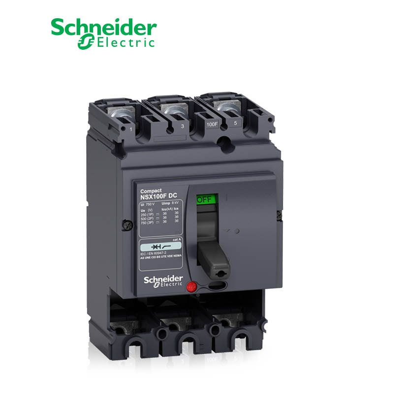 SCHNEIDER - MCCB Breaker Basic Frame, ComPact NSX100F DC, 100A, 3P, 36kA at 750 VDC, w/o Trip Unit
