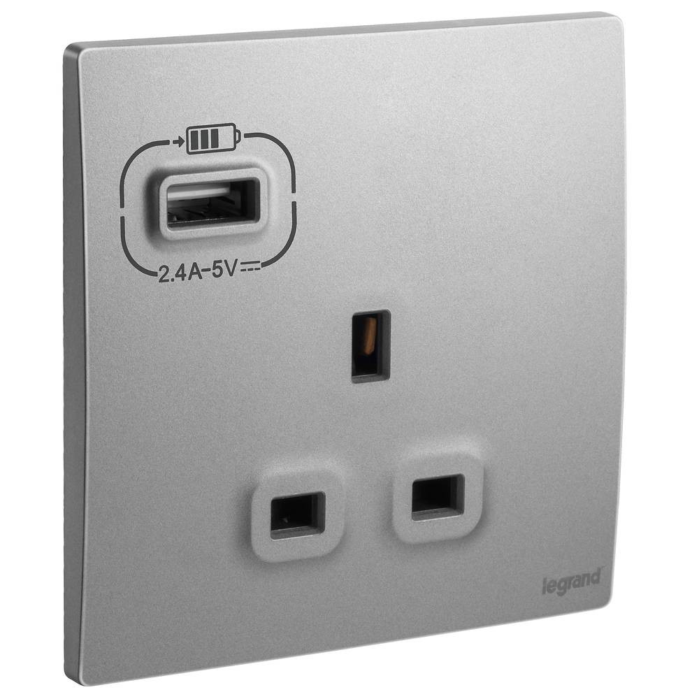 Legrand - Fish Mallia - 13 Amp with USB Output - UK Specifications - Dark Silver