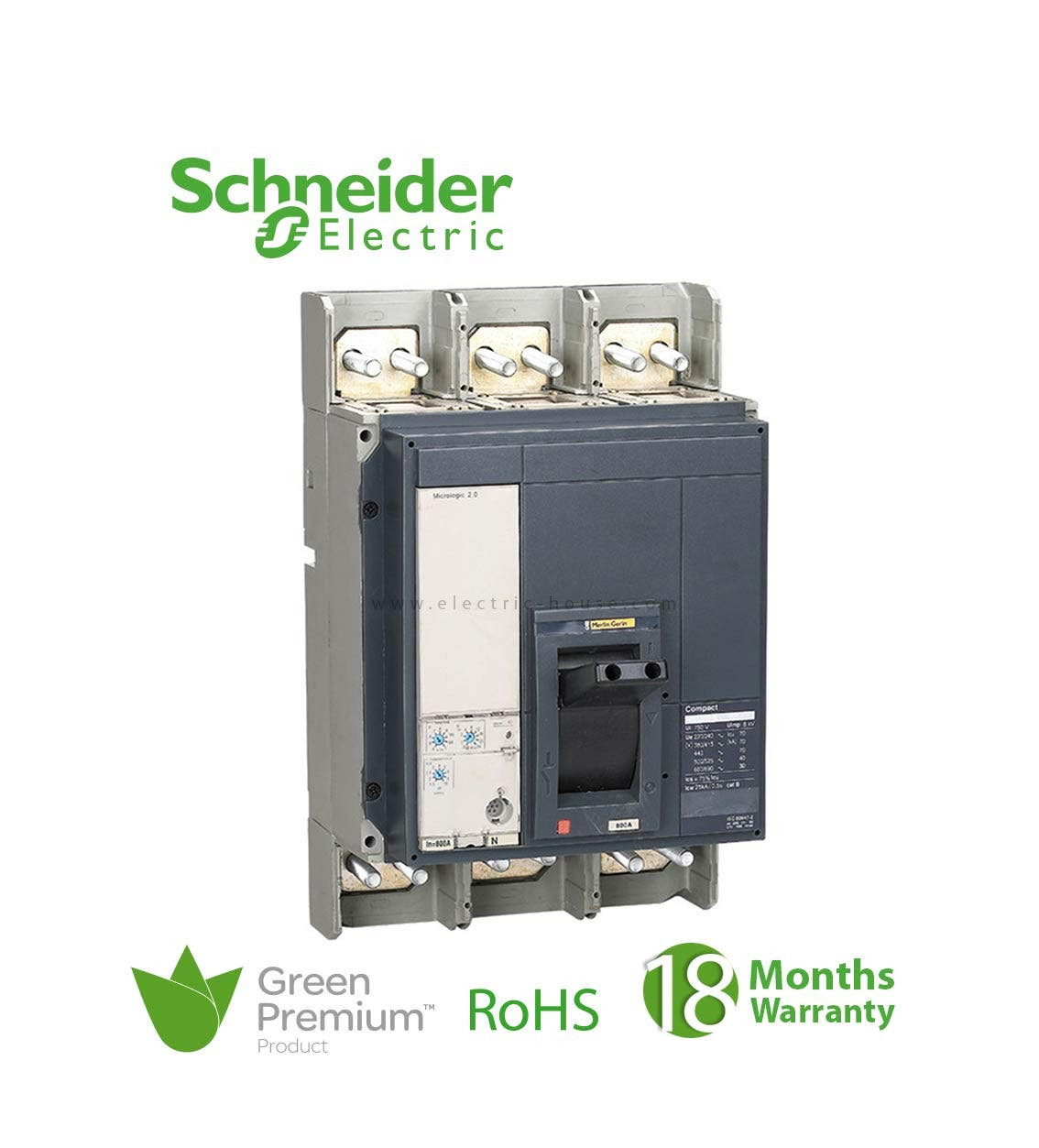 SCHNEIDER - MCCB Breaker, ComPact NS1250N, 50 kA at 415 VAC, Micrologic 2.0 Trip Unit, 1250 A, Fixed, 3P 3d