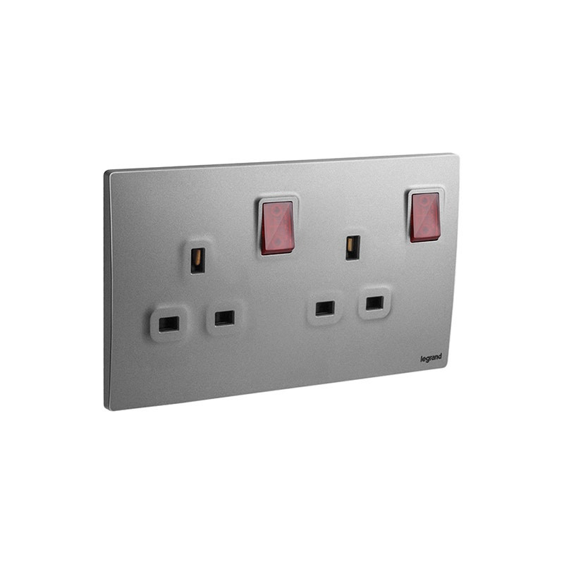 LEGRAND - Double Pole Switched Socket Outlet Mallia Senses, BS, 2 Gang, 13A, 250V, with Led, Dark Silver