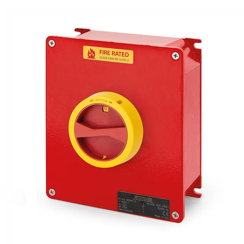 SCAME - Enclosed Switch Disconnector, 100A, 3P+N, IP65, 217x253x93mm, FR2, IK10, Emergency, Yellow/Red, Fire Rated