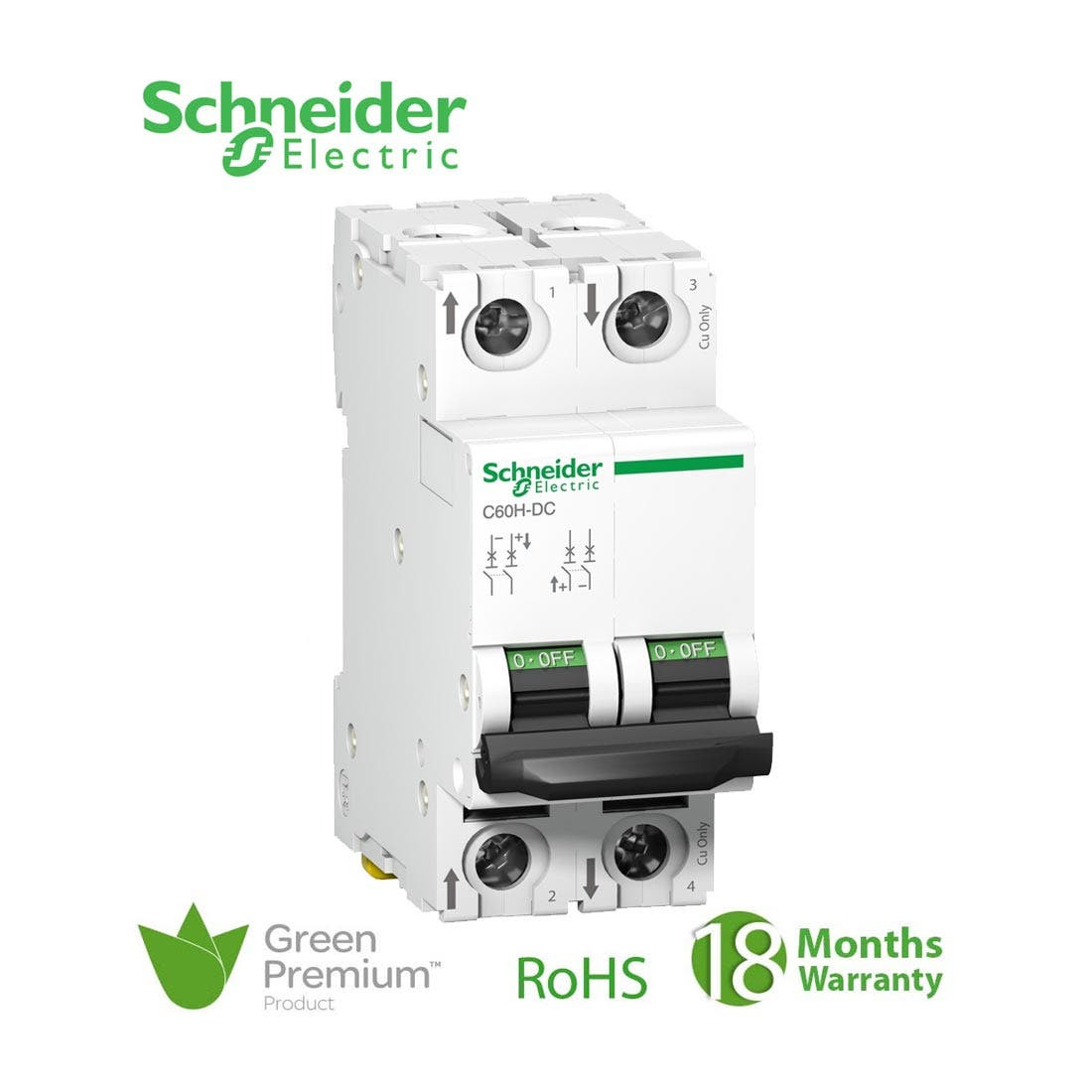 SCHNEIDER - MCB Breaker, Acti9 C60H, 2P, 4A, C curve