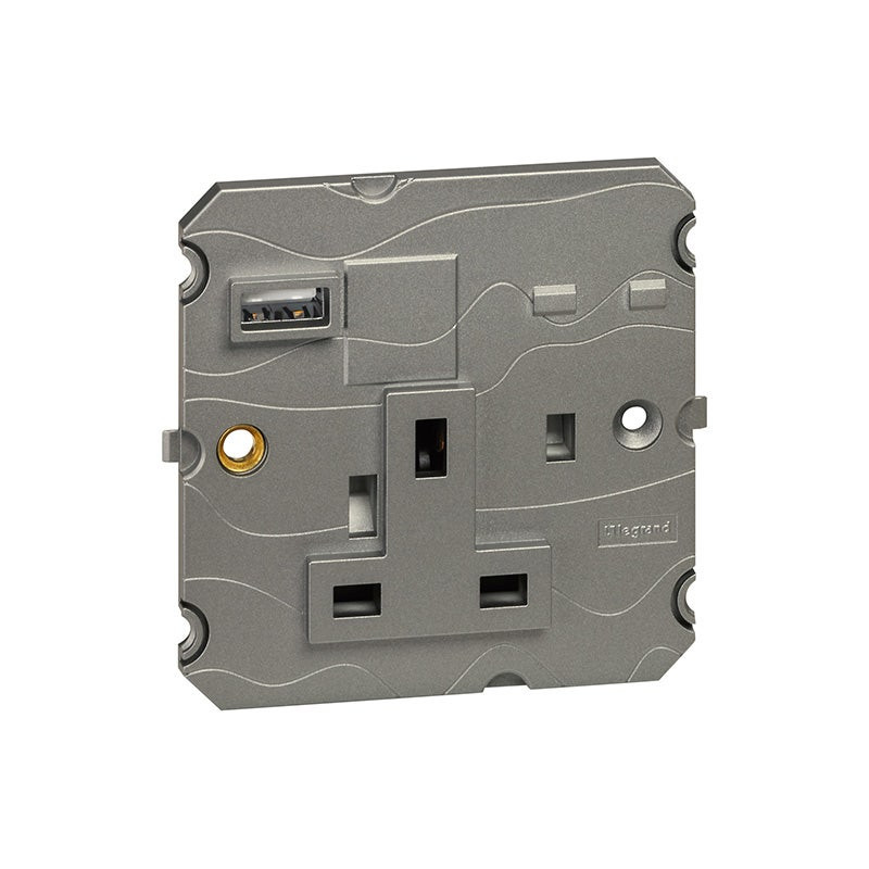 LEGRAND - Single Pole Socket Outlet Arteor, BS, 13A 250V, 2P+E Unswitched, 1 Gang, with USB-A 15W Charger, Magnesium