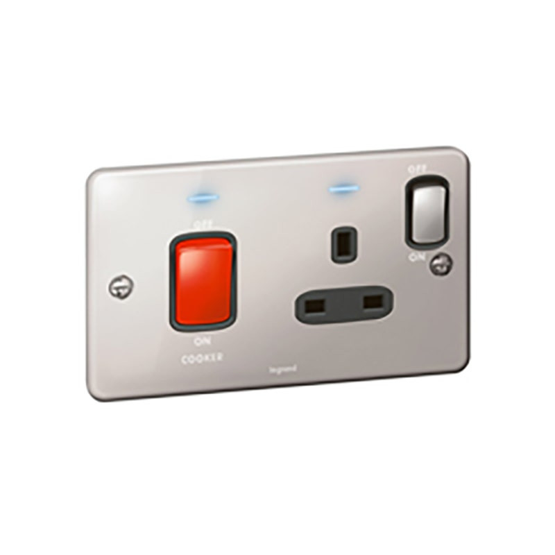 LEGRAND - Double Pole Switch Synergy Authentic, 2 Gang, 45A, 250V, with BS 13A Switched Socket Outlet Cooker Marking, Polished Stainless Steel