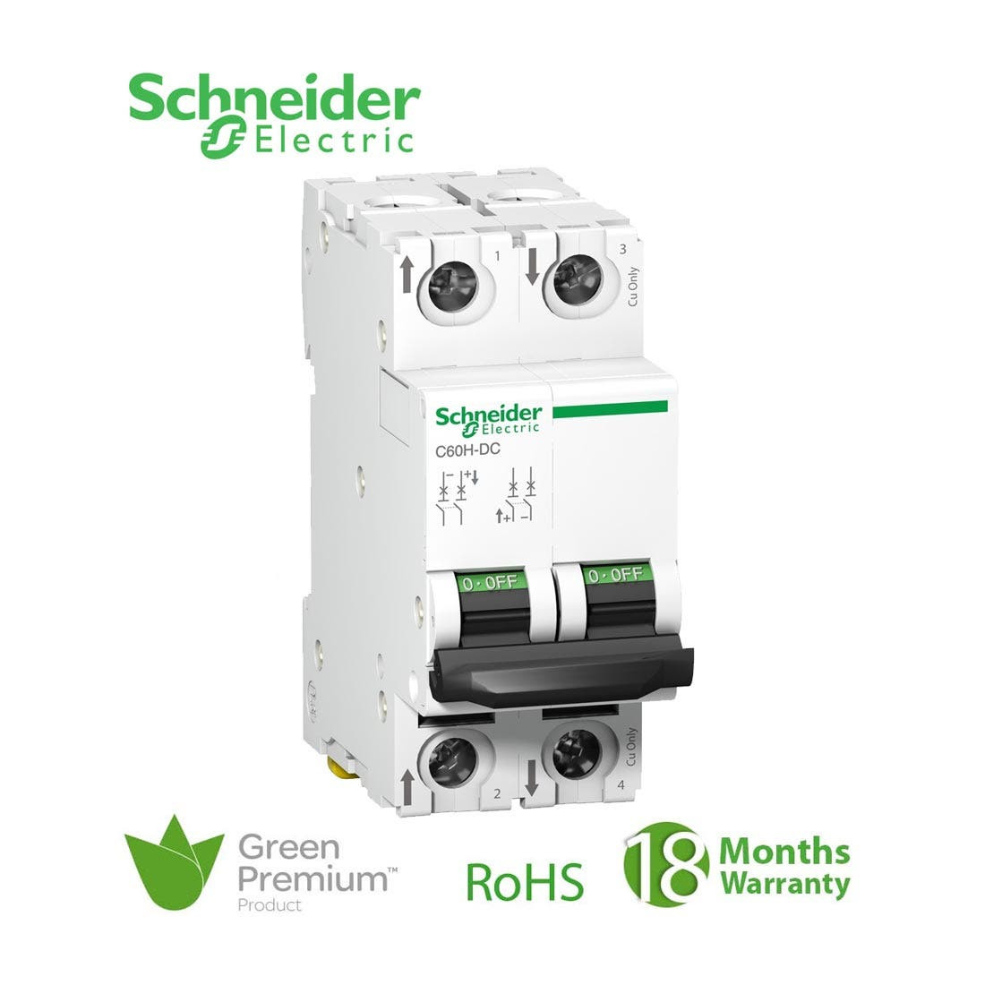 SCHNEIDER - MCB Breaker, Acti9 C60H, 2P, 2A, C curve