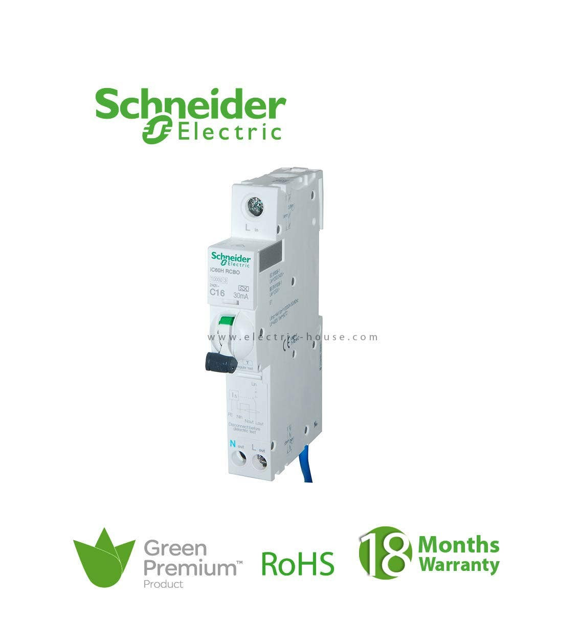SCHNEIDER - RCBO Breaker, Acti9 iC60H, Earth Leakage, 1P + Ns, C curve, 16A, 30mA, 240 V
