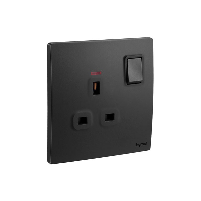 ليجراند - مخرج مأخذ مزدوج القطب Mallia Senses، BS، مفرد، 13A، 250V، مع LED، Matt Black