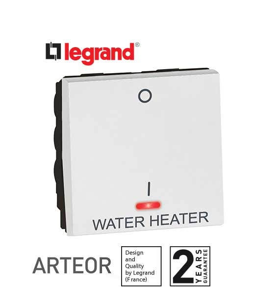 LEGRAND - Switch 1-Way Double Pole Arteor with Ind. + Water Heater Mark.- 20AX-2 Mod-Whitearteor