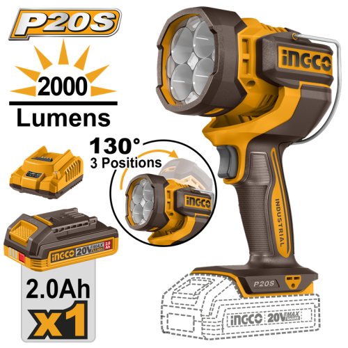 Cordless work lamp 20V LED 22.5W 2000 Lumens 3 modes with battery & chargerكشاف لاسلكي 20 فولت ليد 22.5 وات 2000 ليومن له 3 أوضاع مع بطارية وشاحن