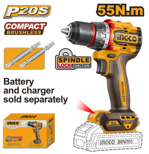 Compact Brushless Cordless Drill 20V hammer 55Nm without battery& charger with 2 Pcs Cr-V 65mm bitدريل شحن 20 فولت ليثيوم بدون بطارية وشاحن +2 ريشة