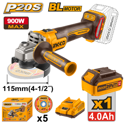 Cordless angle grinder 20V Brushless 115mm 4.5" 900w with battery 4.0AH &charger&5 metal disc صاروخ قص شحن 20 فولت 4.5" 900 وات مع بطارية 4 امبير وشاحن مع 5 دسك حديد
