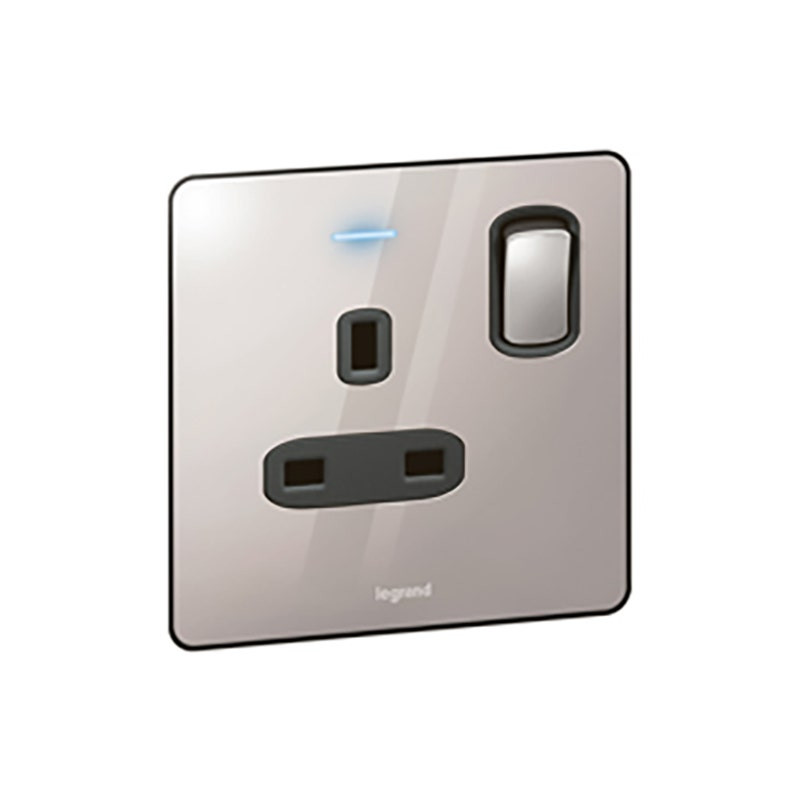 LEGRAND - Double Pole Socket Synergy Sleek, 1 Gang, Switched, 13A, 250V, with Blue LED Power Indicator, Polished Stainless Steel