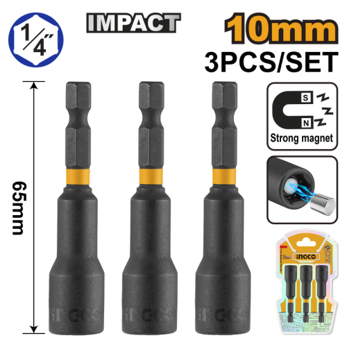 3Pcs impact magnetic nut set 10mm Hexطقم صواميل مغناطيسية 3 قطع 10 ملي سداسية