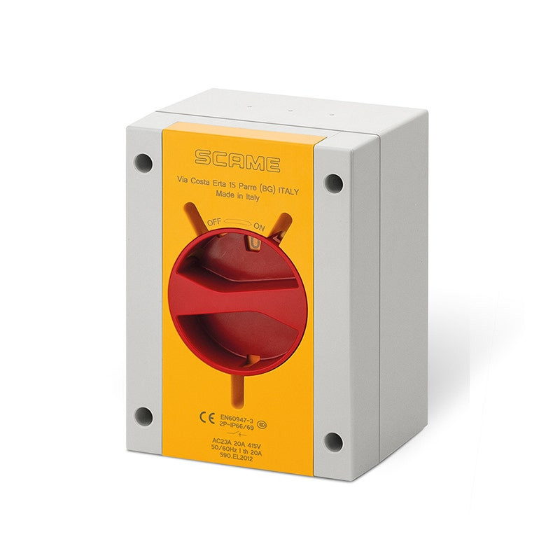 SCAME - Enclosed Switch Disconnector (AC22A/ AC23A), 20A, 3P+SN, IP66/IP69, 110x150x87mm, Y1 IK09, General Yellow/Red, SN (Solid Neutral), Lockable On-Off, GW 650°C