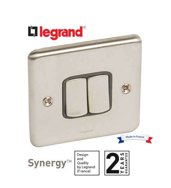 LEGRAND - Plate Switch Synergy -2 Gang -2 Way -10 AX -250 V~ -Auth. Brush. Stain. Steel