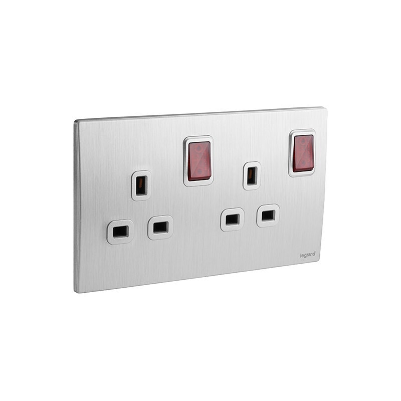 LEGRAND - Double Pole Switched Socket Outlet Mallia Senses, BS, 2 Gang, 13A, 250V, with Led, Brushed Aluminium