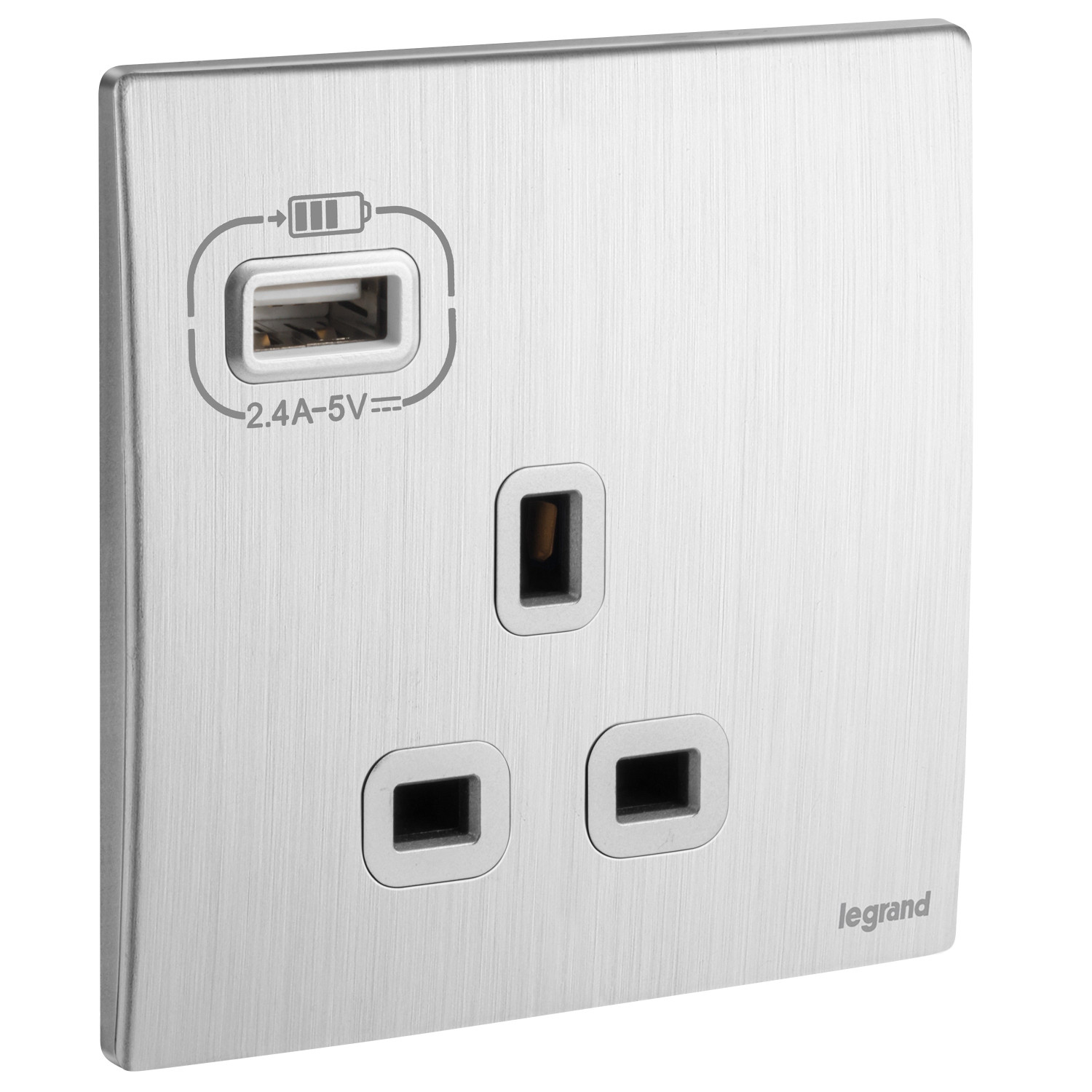 LEGRAND - British Standard Single Pole Socket Outlet with USB Type-A 2.4 A Charger Mallia, 1 Gang, Unswitched, 13 A, 250 V~, Brushed Aluminium