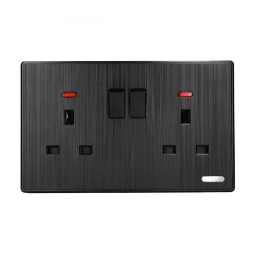 Elect Double Socket with 2 Switches and Bulb - 13 Amp - 7x14 cm - Black