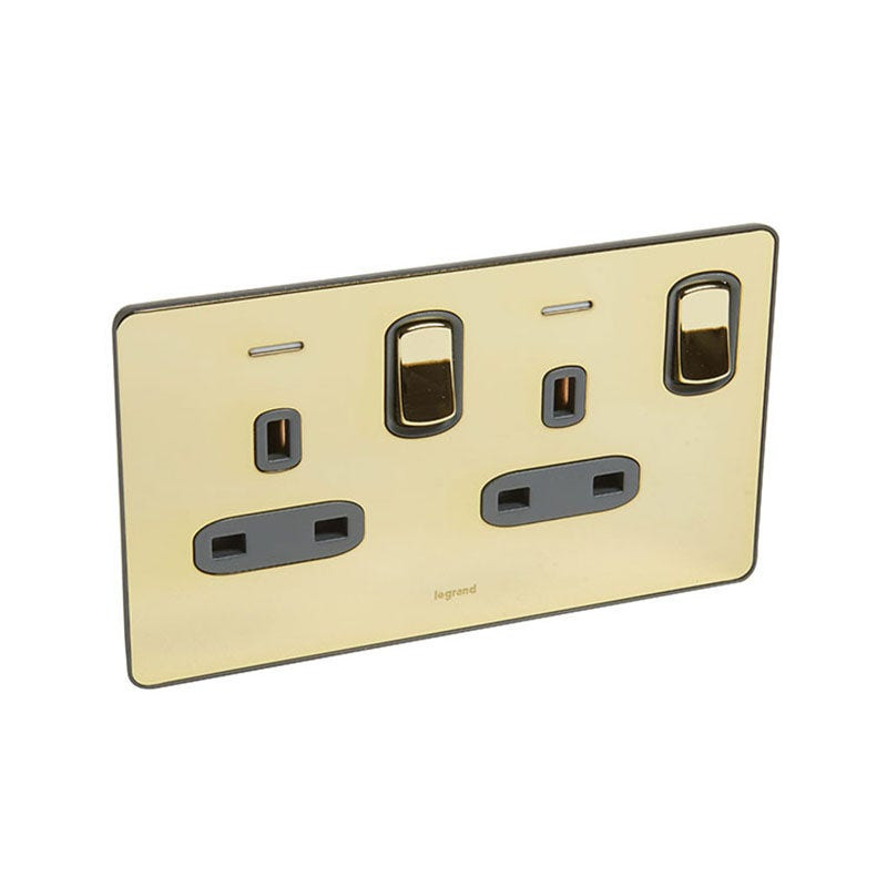 LEGRAND - Double Pole Socket Synergy Sleek, BS, 2 Gang, Switched, 13A, 250V, Blue LED Power Indicator, Glossy Gold