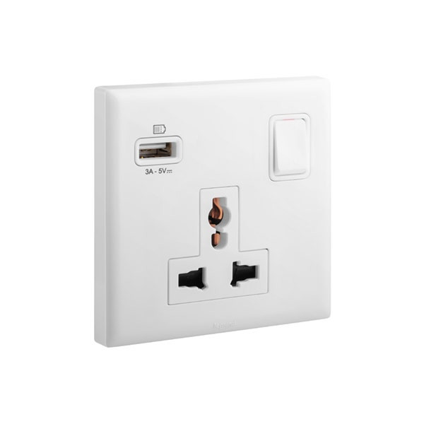 ليجراند - مقبس إلوي، متعدد المعايير، مفرد، أحادي القطب، Switched + USB-A، 16A، 250V، أبيض