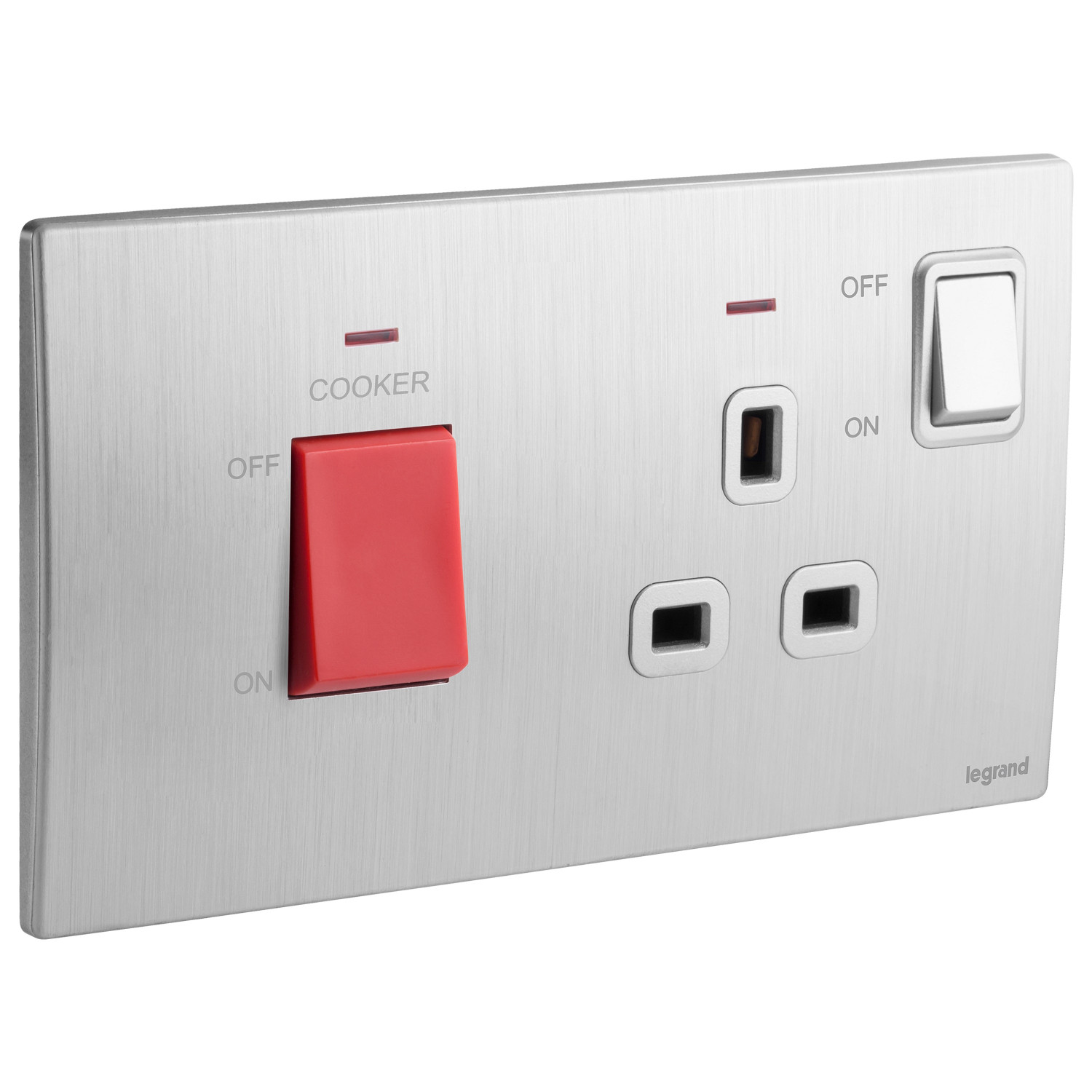 LEGRAND - Cooker Control Unit Mallia, 45 A, Double Pole Switch + 13 A switched Socket with Indicator, Brushed Aluminium