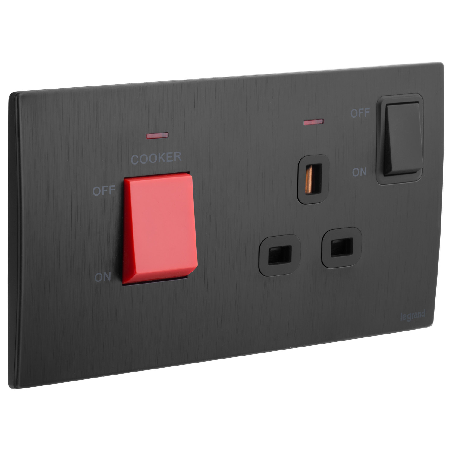 LEGRAND - Cooker Control Unit Mallia, 45 A, Double Pole Switch + 13 A switched Socket with Indicator, Brushed Black