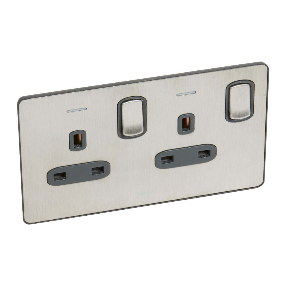 LEGRAND - British Standard Synergy - Double Pole 2 Gang Switch + Led -13 A -250 V~ Sleek Design Brushed Stainless Steel