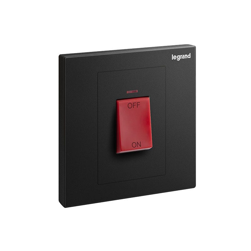 LEGRAND - Double Pole Switch Galion, 1 Gang, 45A, 250V, with Red Power Indicator and Red Rocker, Matt Black
