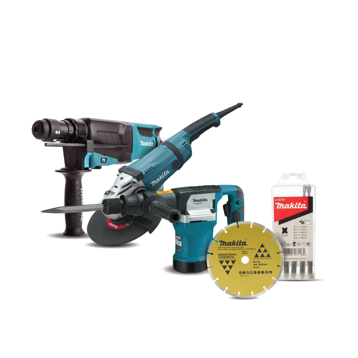6 Piece Combo Kit: Demolition Hammer, Rotary Hammer, Angle Grinder, 2 Piece Drill Bit Set, 1 Piece Diamond disc