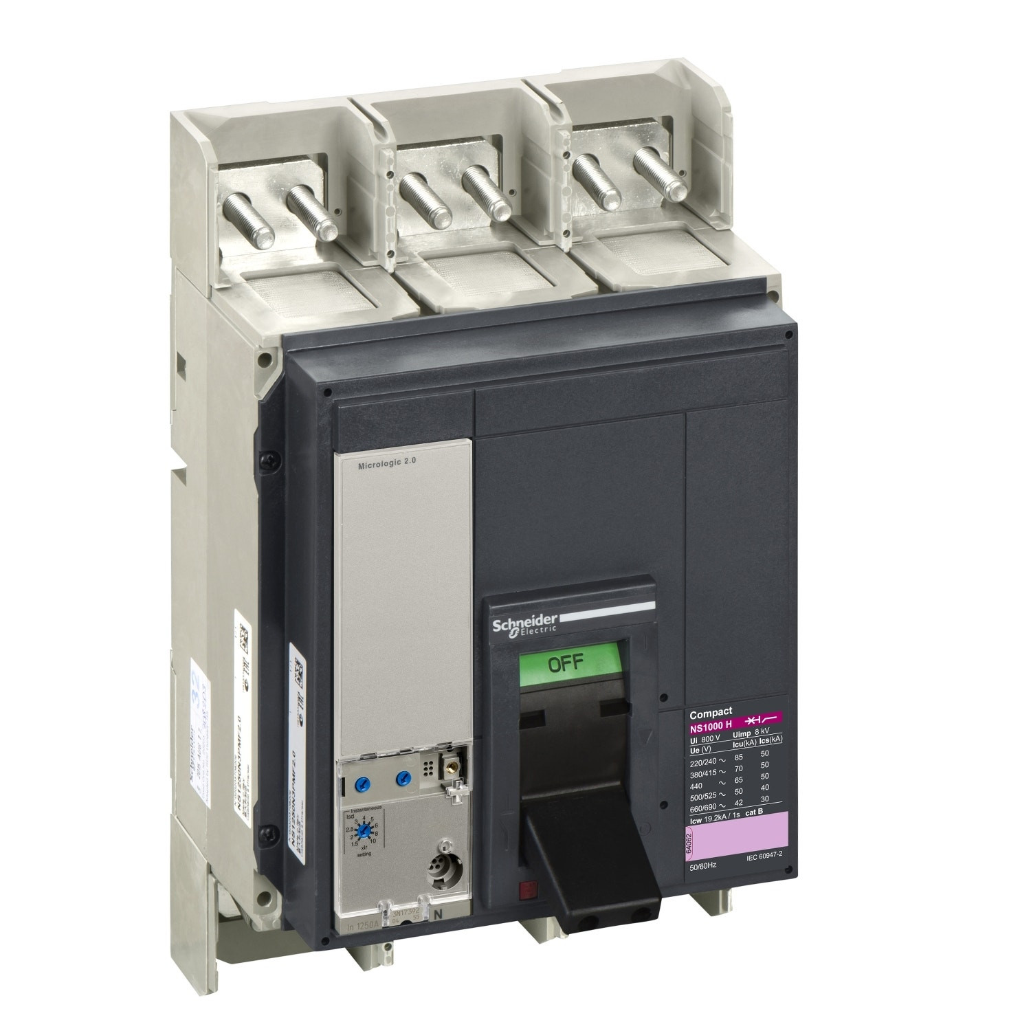 SCHNEIDER - MCCB Breaker, ComPact NS1000H, 70 kA at 415 VAC, Micrologic 2.0 Trip Unit, 1000A, Fixed, 3P 3d
