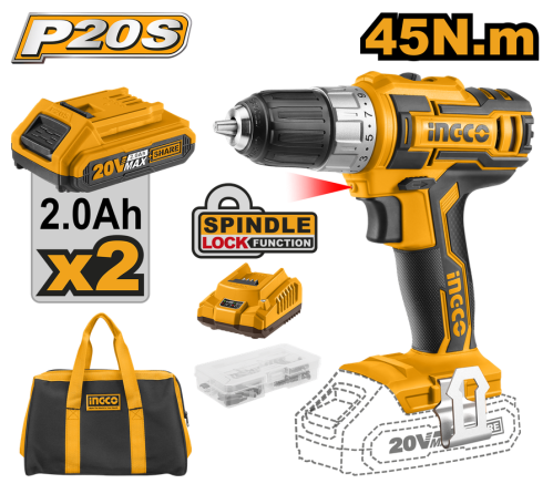 cordless drill 20V hammer 45Nm with 2 battery 2Ah &charger & 47 Pcs accessoriesدريل شحن 20 فولت مع 2 بطارية & شاحن & 47 قطعة روس فك مع شنطة