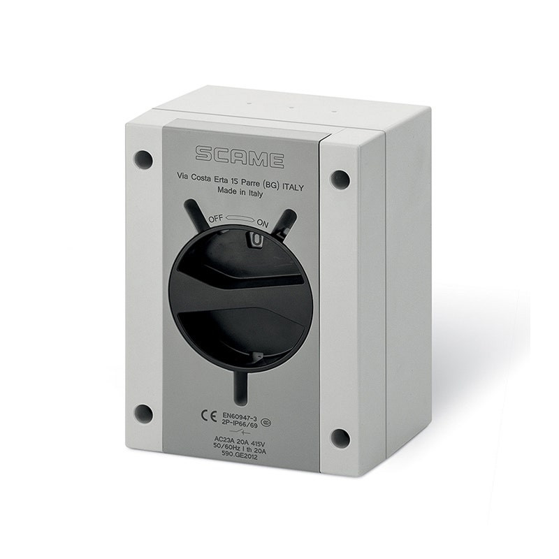 SCAME - Enclosed Switch Disconnector (AC22A), 40A, 2P, IP66/IP69, 110x150x87mm, Y1 IK09, General Grey/Black, GW 650°C