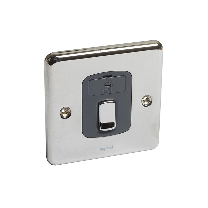 LEGRAND - Double Pole Fused Connection Unit Synergy Authentic, 13A, 250V~, Switched, without Cord Outlet, Polished Stainless Steel