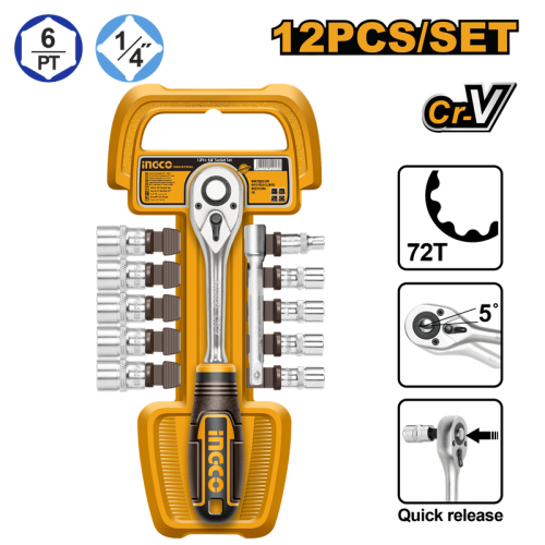 12 Pcs-Ratchet handle1/4" with10 Pcs 1/4" socketsطقم 12 قطعة مفتاح صامولة سيستيم اتوماتيك 1/4 بوصة