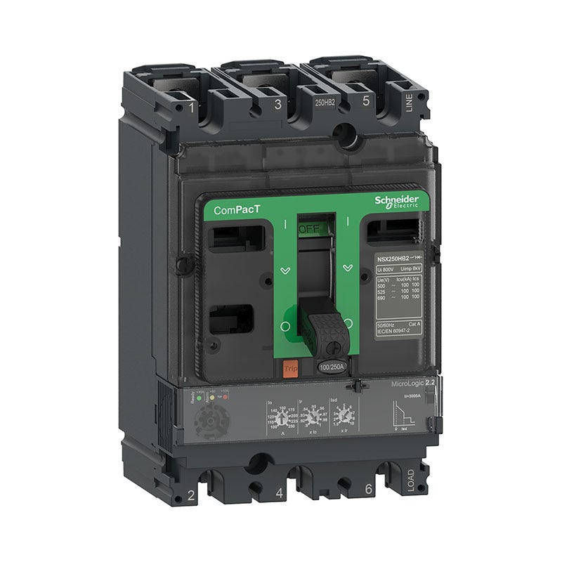SCHNEIDER - MCCB Breaker, ComPacT NSX250N, 50kA at 415VAC, MicroLogic 2.2 Trip Unit 100A, 3P 3D