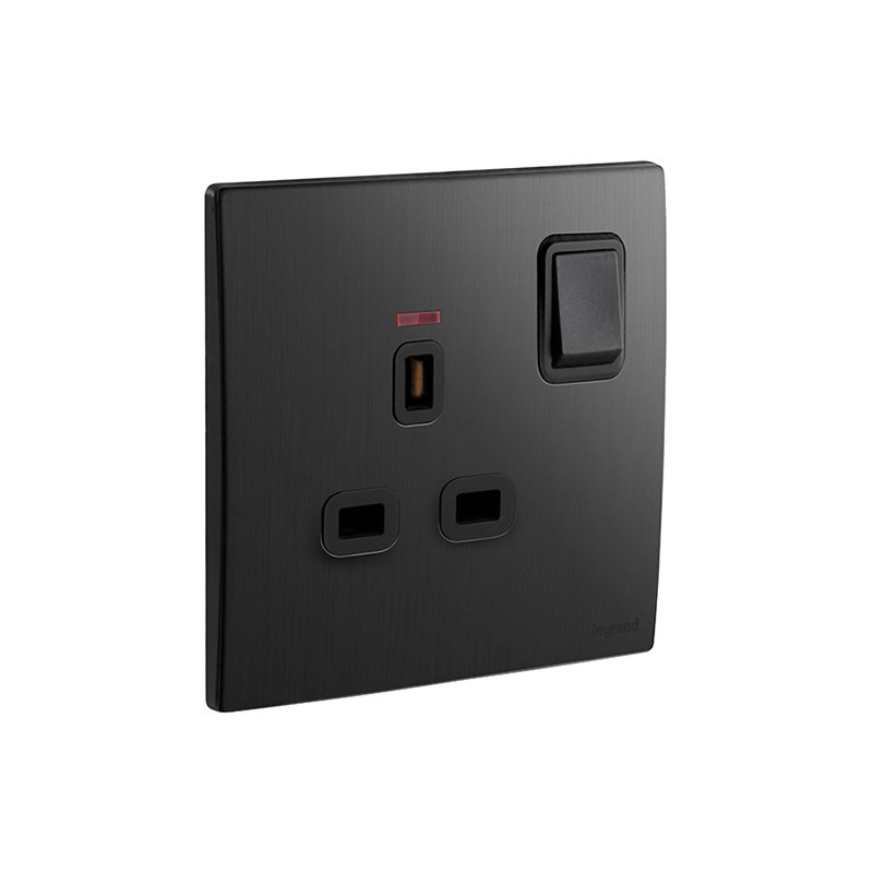 LEGRAND - Double Pole Switched Socket Outlet Mallia Senses, BS, 1 Gang, 13A, 250V, with Led, Brushed Black