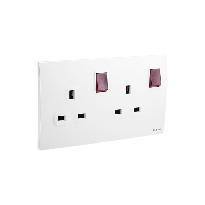 LEGRAND - Double Pole Switched Socket Outlet Mallia Senses, BS, 2 Gang, 13A, 250V, with Led, Matt White