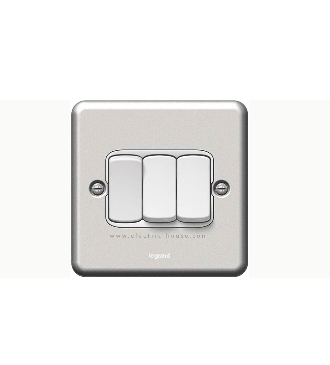 LEGRAND - Plate Switch Synergy -3 Gang -2 Way -20 AX -250 V~, Authentic Brushed Stainless Steel