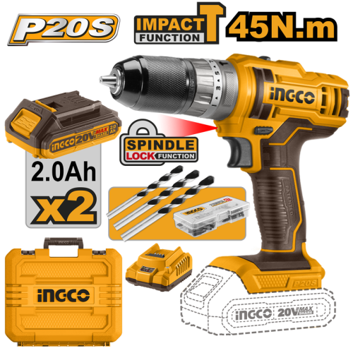 Cordless impact drill hammer 20V 45Nm with 2 battery 2Ah & charger دريل شحن 20 فولت شاكوش 2 بطارية+شاحن مع شنطة