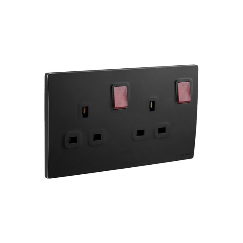 LEGRAND - Double Pole Switched Socket Outlet Mallia Senses, BS, 2 Gang, 13A, 250V, with Led, Matt Black